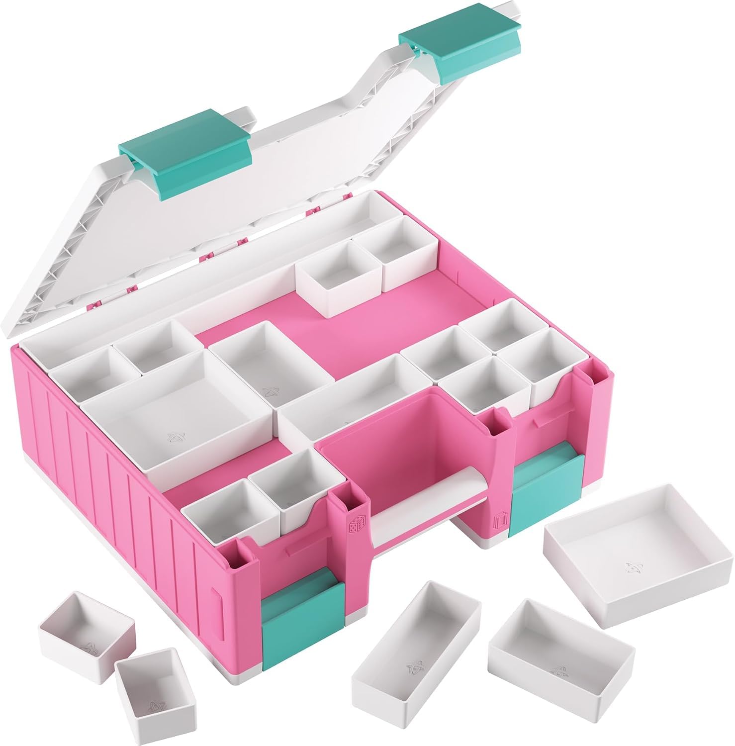 Asmodee Gamegenic - Game Castle Pink White Teal - boîte de rangement transportable pour accessoires de jeux et cartes, rangement pour jeux de société avec bandoulière réglable, mallette tout-en-un