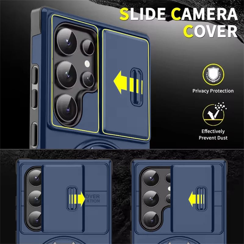 Image of LuxuryKase Shockproof Rugged Case for Samsung Galaxy S24 Ultra | Slide Camera Cover | 360 Rotating Ring Kickstand | Military-Grade Protection - Navy Blue
