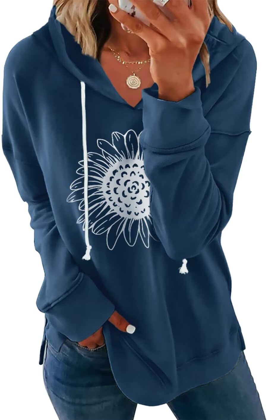 Women Sunflower Graphic Hoodies Long Sleeve Pullover Drawstring Sweatshirt Loose Fit Tunic Tops