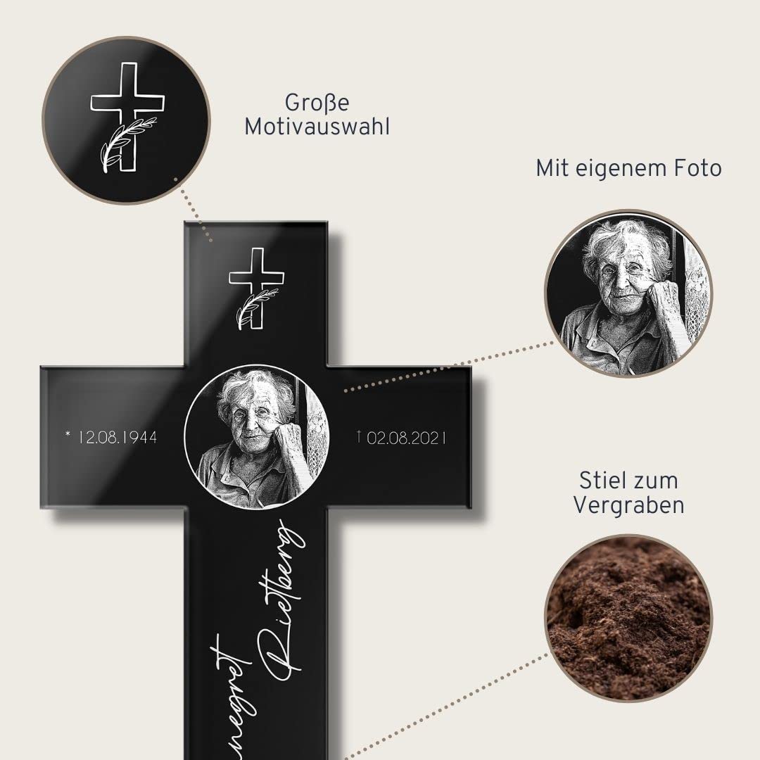 Personalisiertes Grabkreuz mit Gravur aus Hochglanz Acrylglas - Grabstecker Kreuz als wetterfester Grabschmuck mit Gravur - Grabdeko für Urnengrab Grab - schöne Trauer Deko Friedhof (Mit Foto)