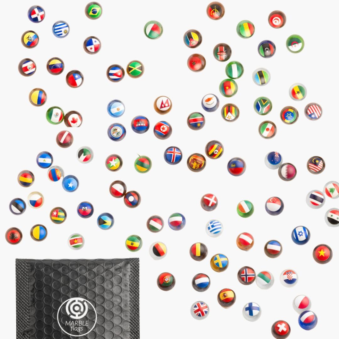 Komplette Kollektion mit 115 Murmeln Small World Collection | Flaggen der Welt | 16 mm Ideal für Rund- und Filmrennen