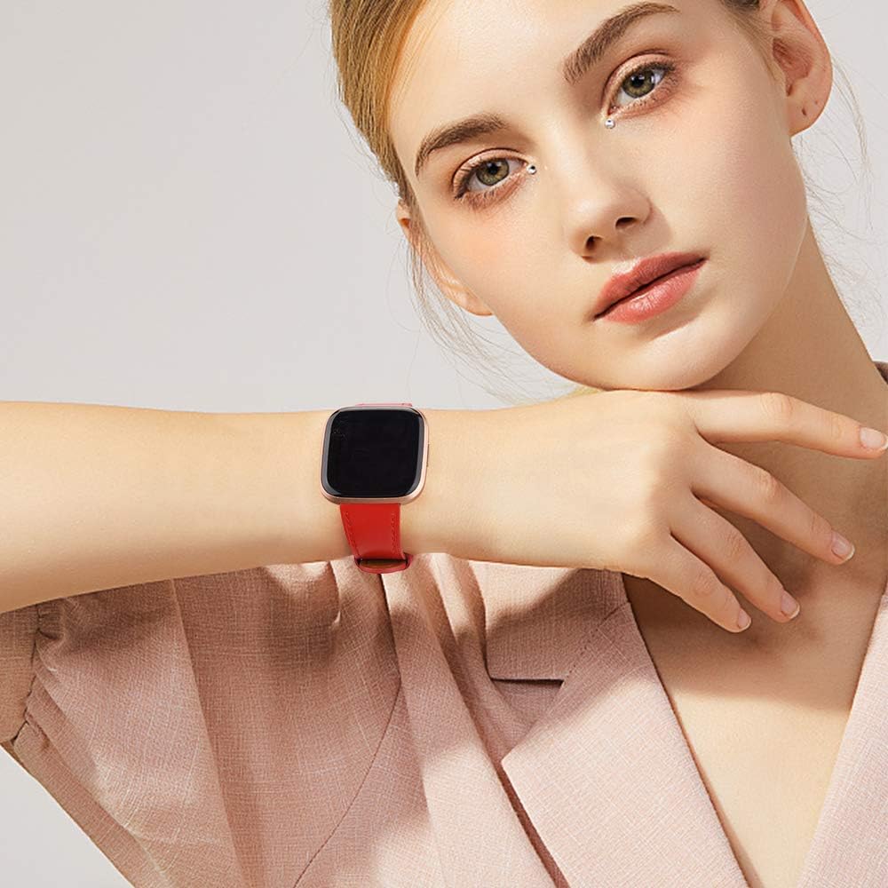IEOVIEE Leather Band Compatible with Fitbit Versa 2 Bands, Leather Band Replacement Strap for Fitbit Versa 2 / Versa SE/Versa Lite/Versa Fitness Smart Watch (Red)