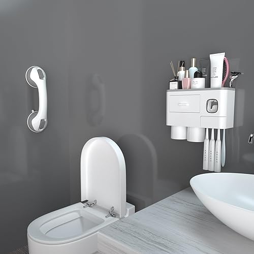 iHave 2 tazas de soportes para cepillos de dientes y barras de agarre para baños, color blanco