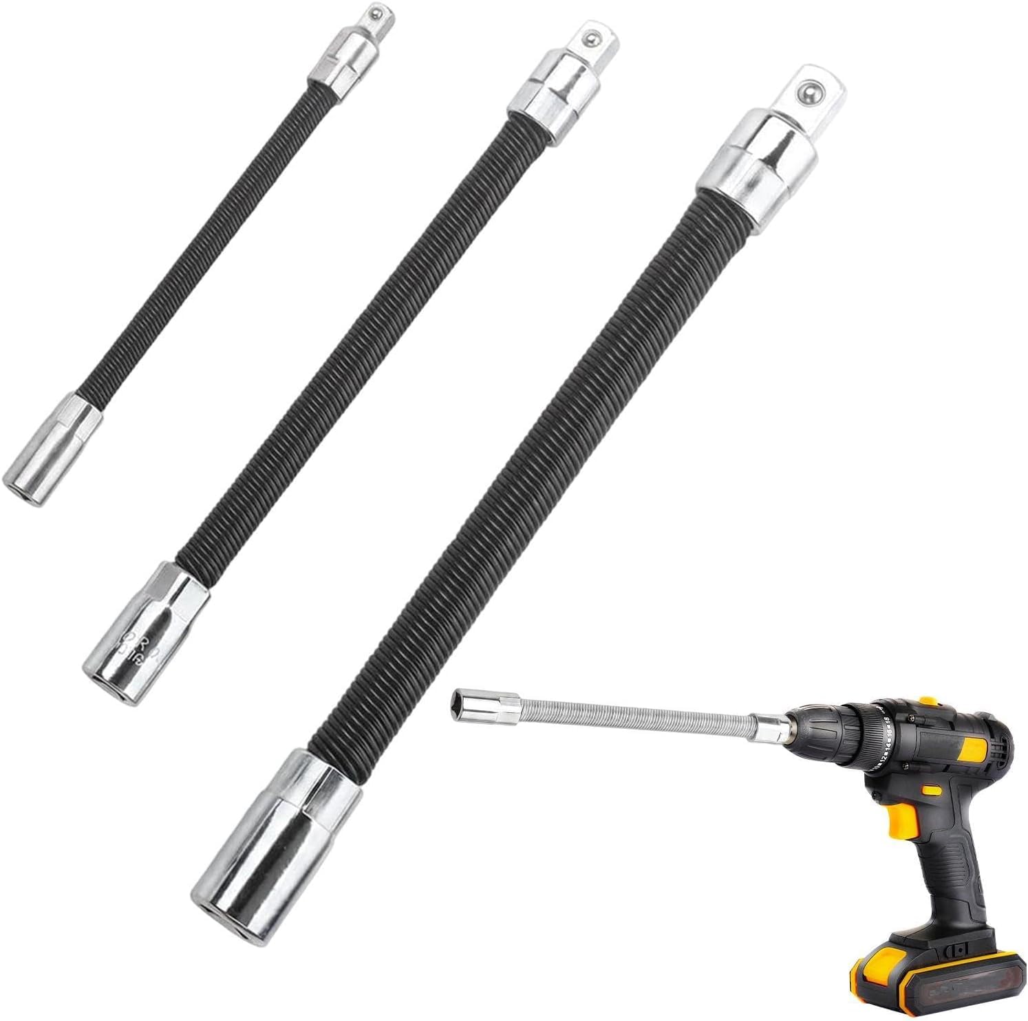 3 Pcs Flexible Extension Bar Set, 1/2" 1/4" 3/8" Impact Driver Flexible Screwdriver Extension Bar Set, Black Extensions Socket Cables Shafts Hand Tool, for Electric Drills and Ratchet Wrenches