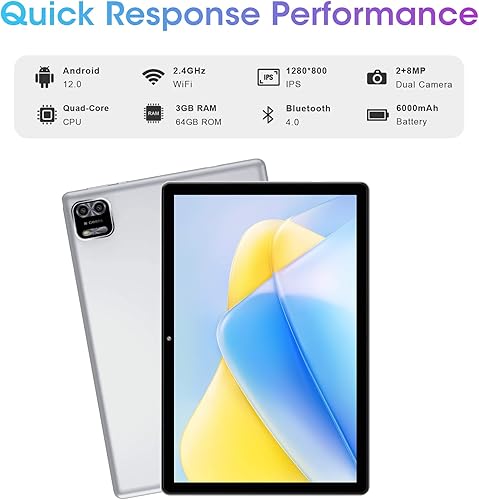 Vista 2 de Tablet Android de 10 pulgadas, Android 12, procesador de cuatro núcleos, 3 GB de RAM, 64 GB, ROM, tabletas Android de 10.1 pulgadas, tableta