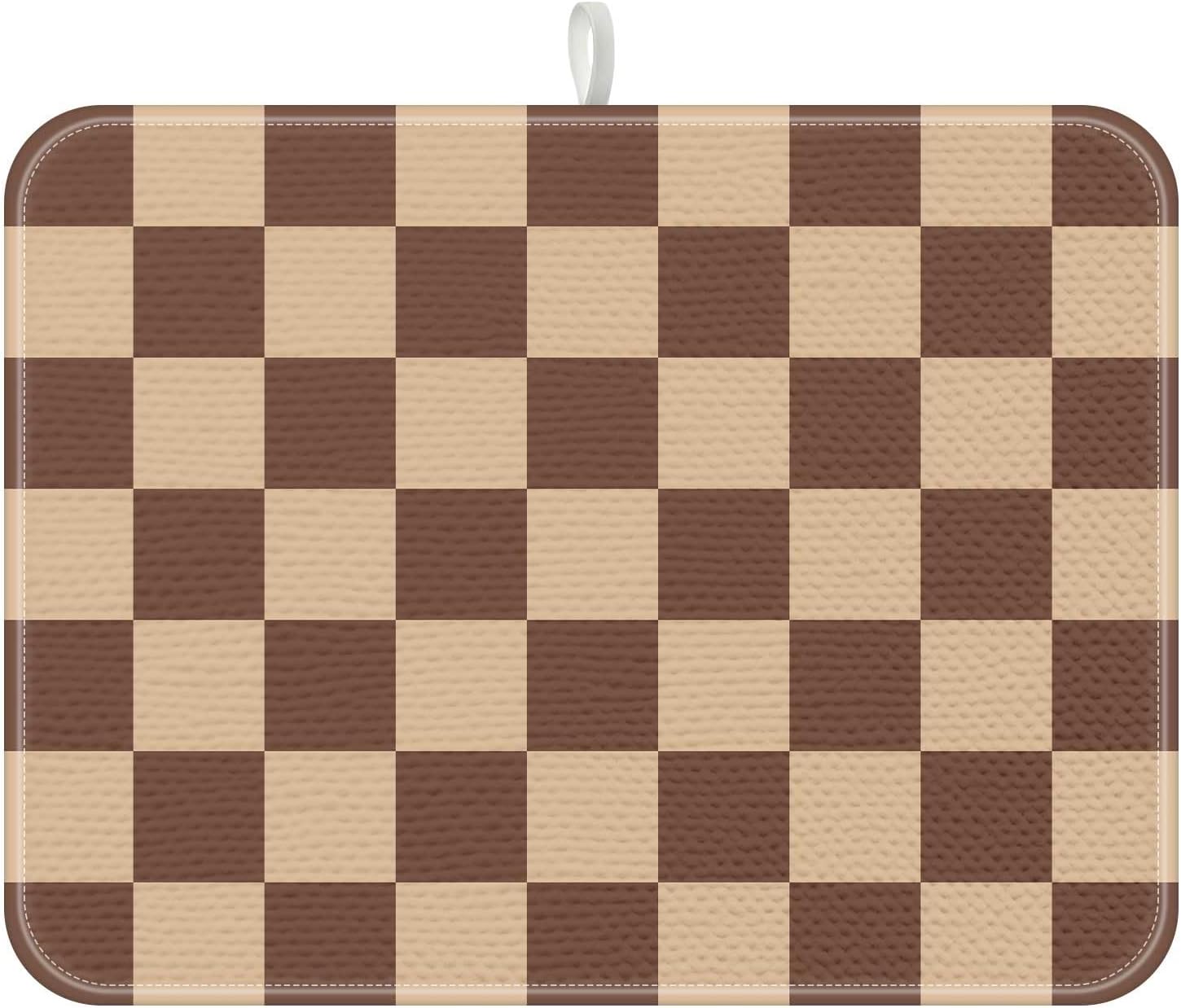 Light Brown Checkered Dish Drying Mats for Kitchen Counter Microfiber Mat