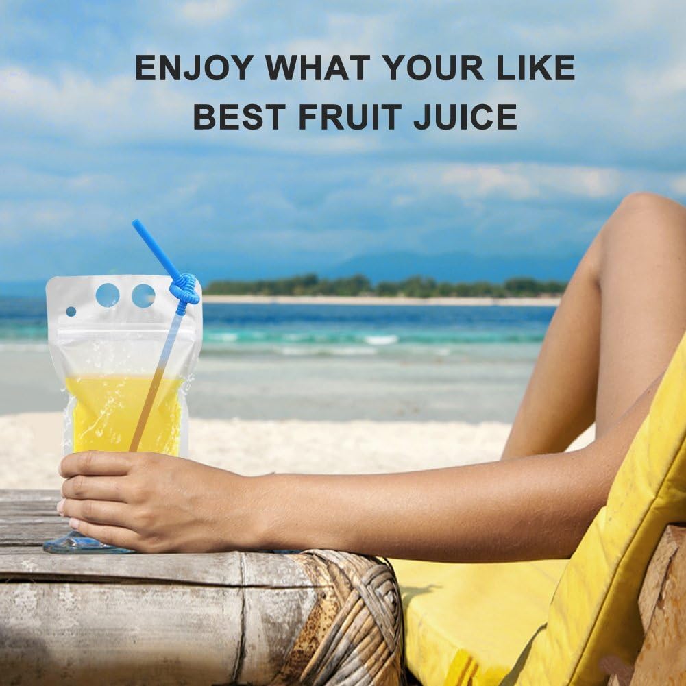 200 Pcs Drink Pouches with 200 Straw Holes, Freezable Juice Pouch, Translucent Reclosable Zipper Plastic Pouches Drink Bags for Cold & Hot Drinks for Adults and Kids