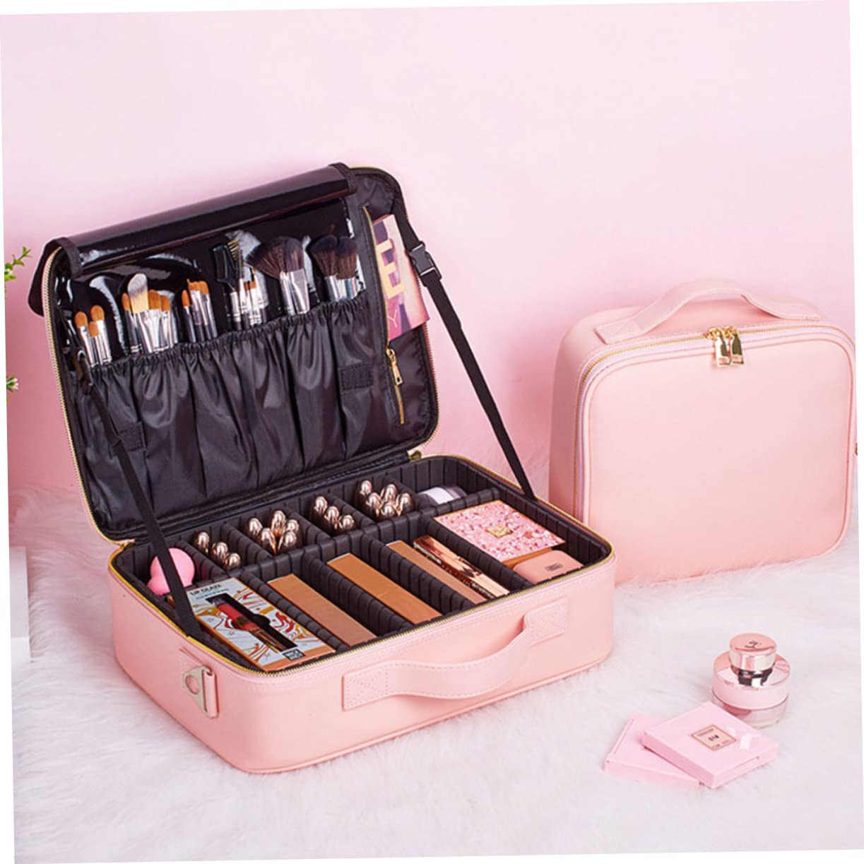 Bolsa de Maquillaje de Viaje Grande PU Rosa con Compartimentos