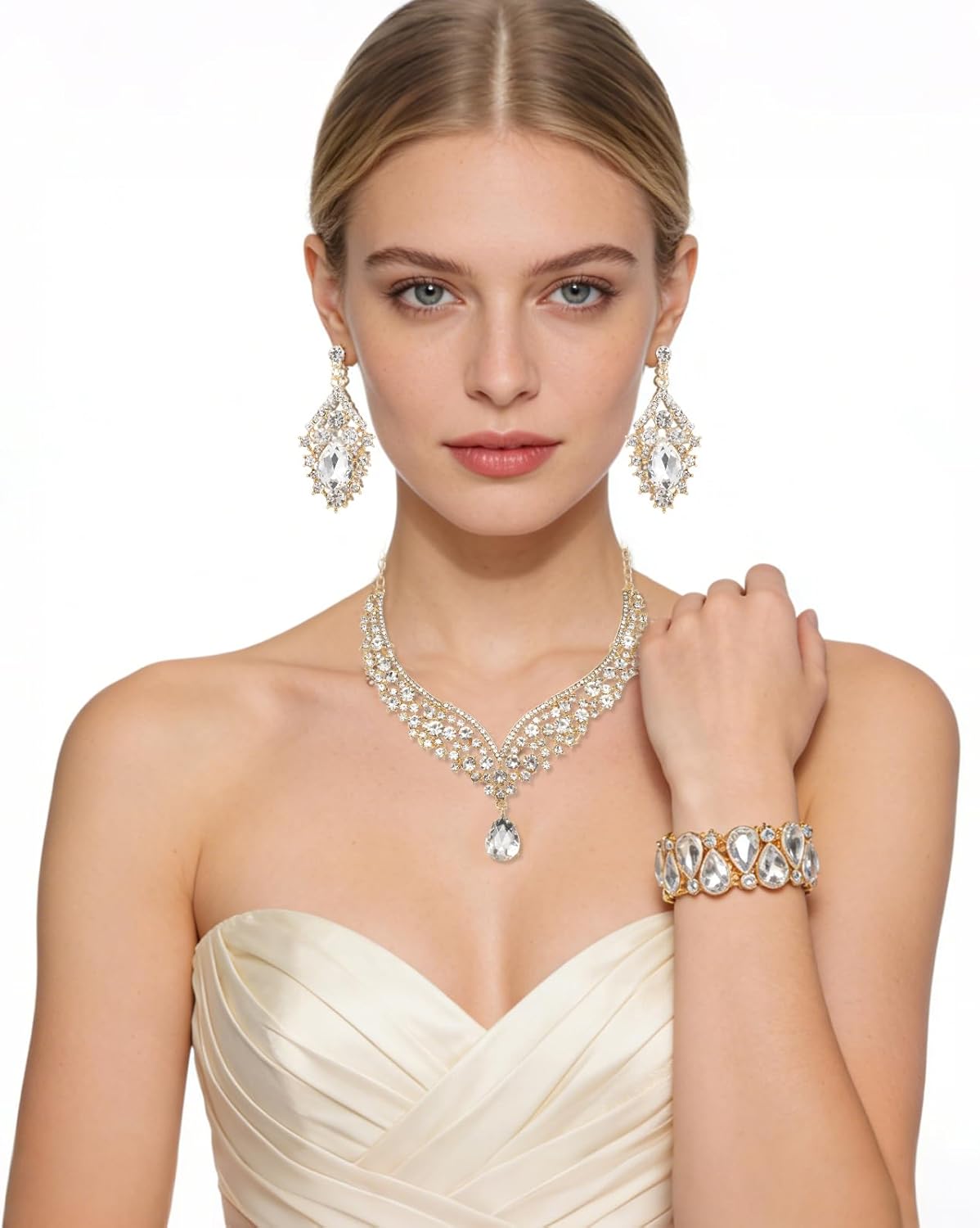 Rose Wedding Jewelry Set 4 Piece for Bride with Clutch Purse, Rhinestone Crystal Necklace Earrings Bracelet, Formal Accessories for Prom Party Banquet Anniversary