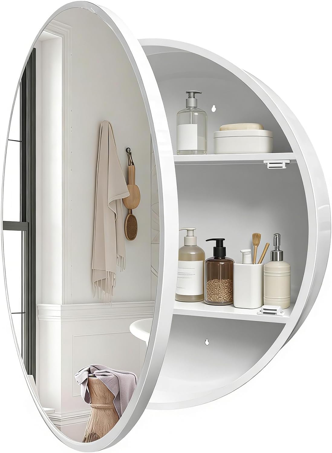 Janboe Round Mirror Cabinet,Aluminum Framed,Soft Close Hinge,71cm,White