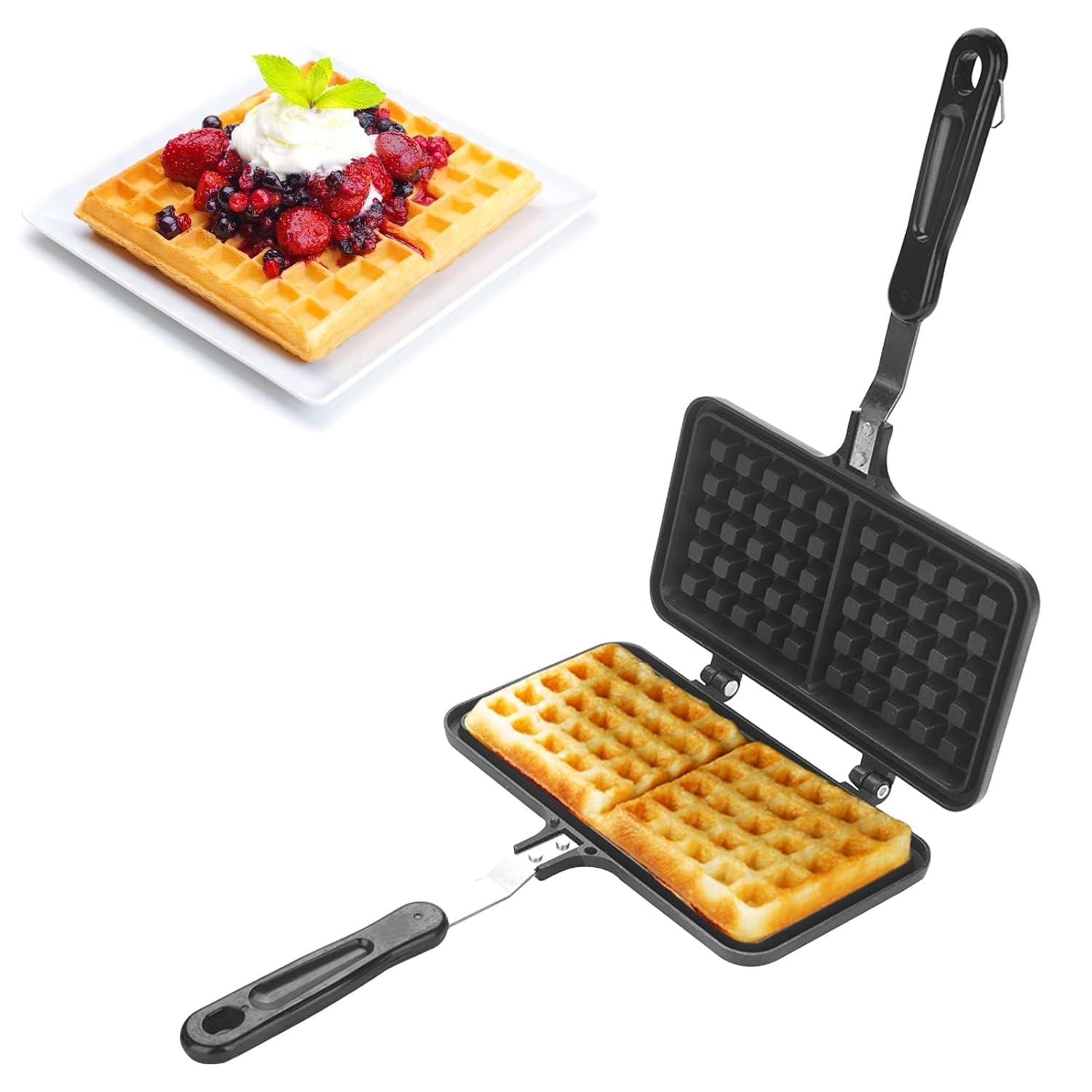 Waffle Maker Pan, Aluminum Dual Head Waffle Baking Mold with Long Handle, Double Side Non-Stick Stovetop Waffle Maker, Press Plater Pan, Belgian Waffles Sandwich Toaster-image-29
