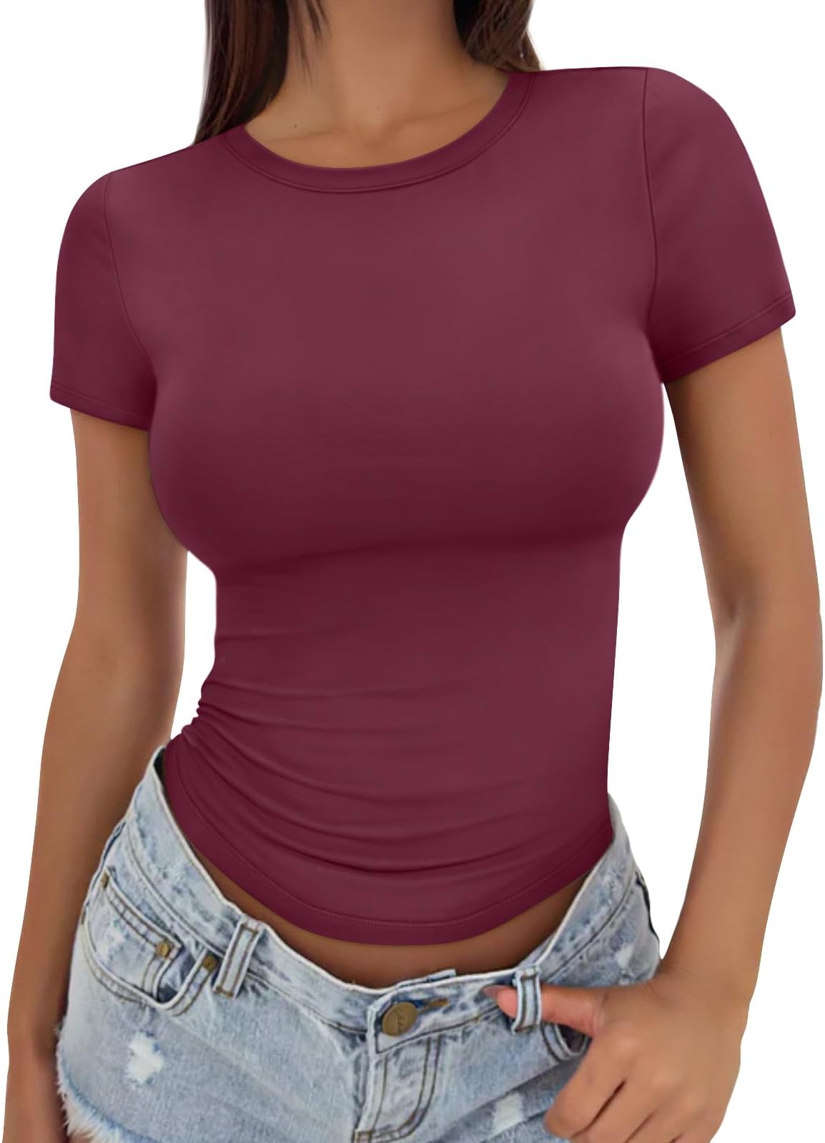 Womens Stretchy Soft Opaque Basic T Shirts - Slim Fit Short Sleeve Y2k Cute Summer Crop Workout Tops