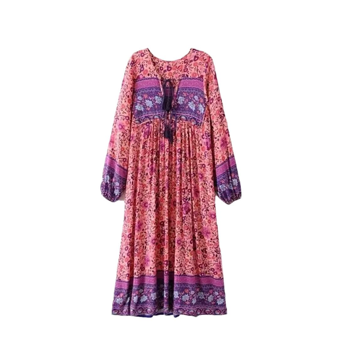 Vestido largo midi de rayón bohemio con estampado floral y cuello en V y manga larga con borlas para mujer