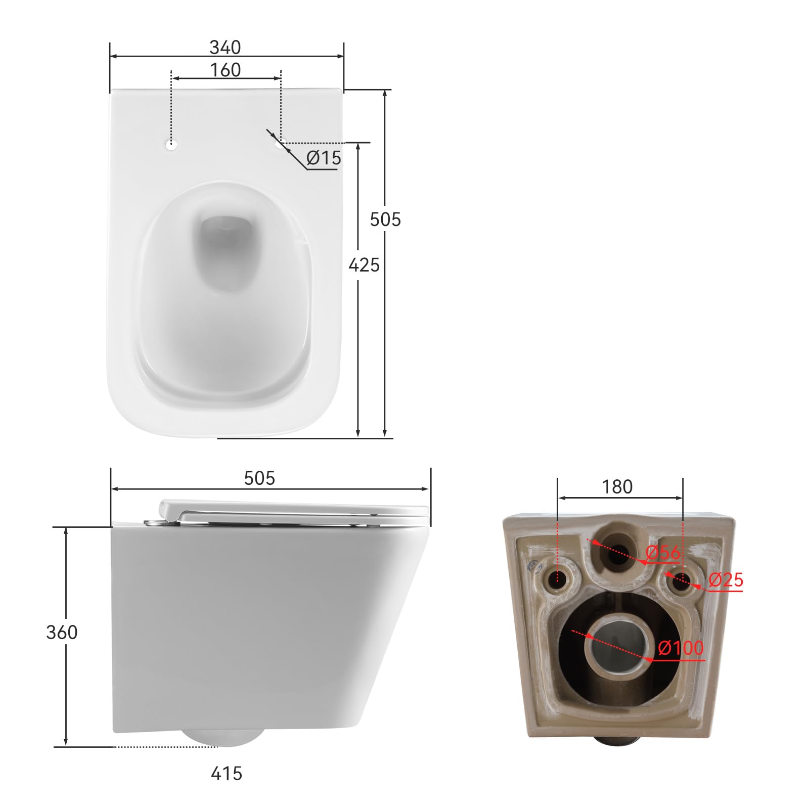 Wisząca WC z wolnoopadającą deską – toaleta z jednootworową spłukiwaną superspinem – WC naścienna do WC dla gości – ceramiczna muszla klozetowa z miękkim domykaniem – 50,5 × 34 × 36 cm