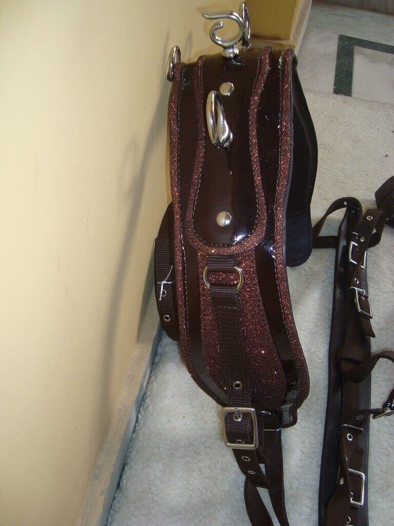 Harnais de conduite en nylon verni synthétique marron avec patch de designer sur tous en 4 tailles (Shetland)