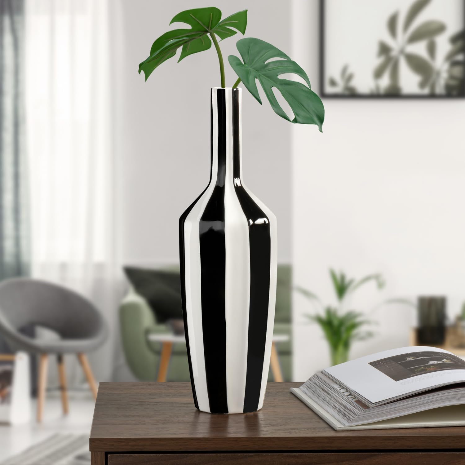 Torre & Tagus Abstract Black and White 15" Tall Ceramic Vase - Modern Decor for Living Room, Bedroom, Entryway