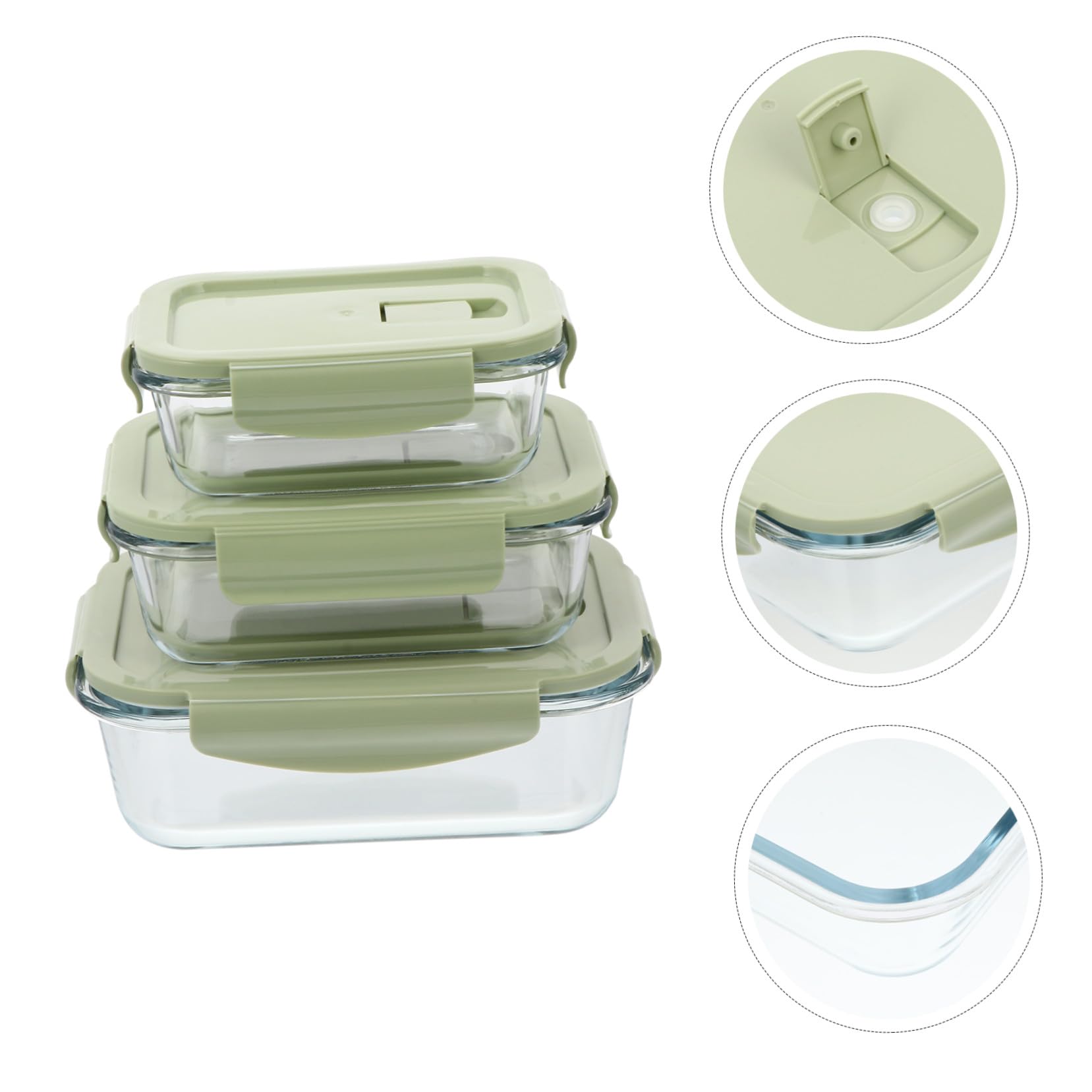 Boîte à Bento Alimentaire en Verre 3 Pièces, Couvercle Pp Vert