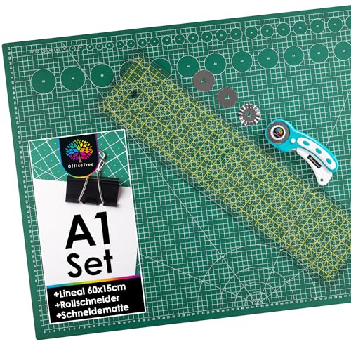 OfficeTree Schneidematte Set A1 90x60 + Rollschneider + Patchwork Lineal 60x15 cm - Schneidematte A1 Selbstheilend - Schneiderlineal Schneiderunterlage und Rollschneider Set - Schneidunterlage nähen