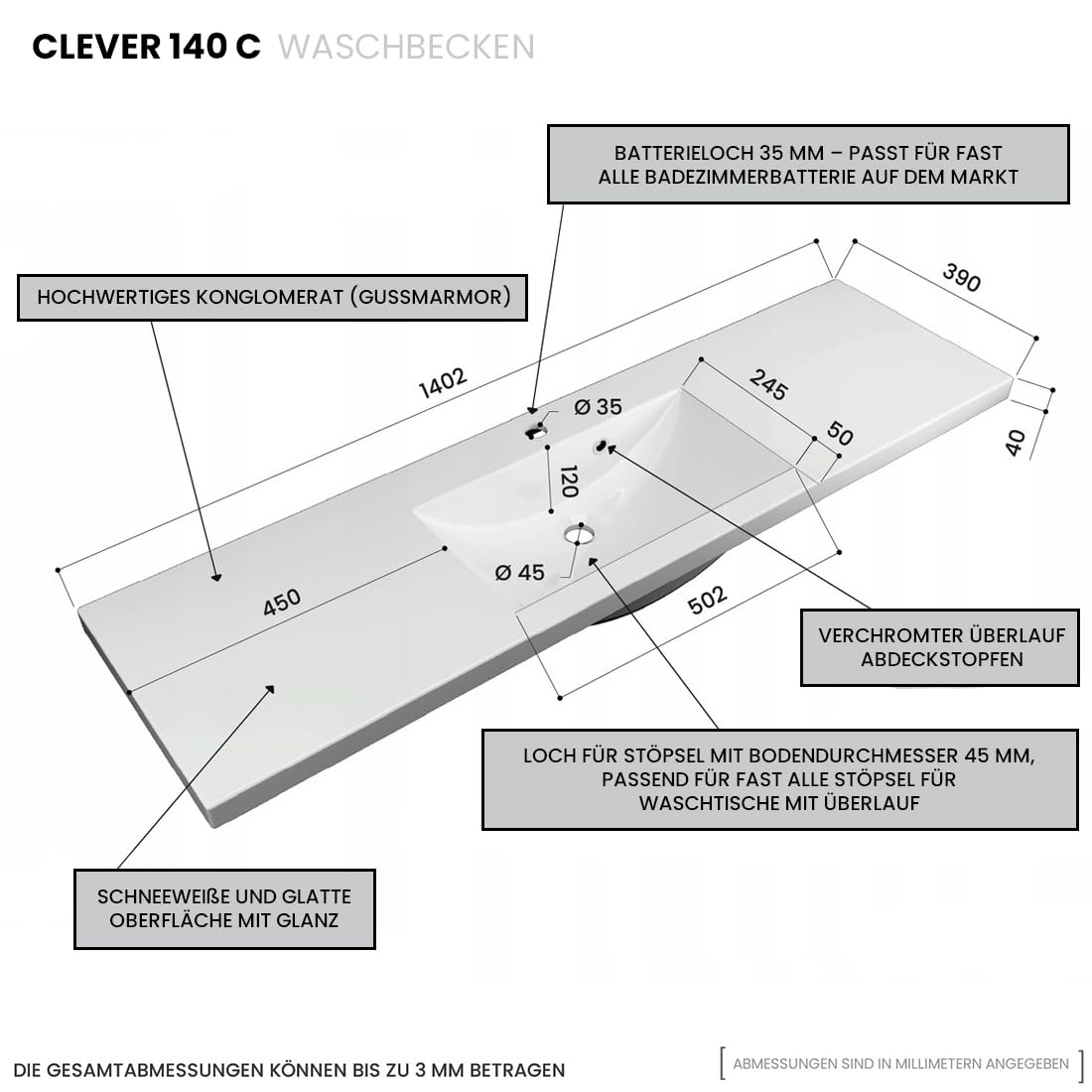 Rosen 140 cm Hängeschrank mit Waschbecken in Cappuccino Hochglanz und Mattweißen Griffen - Stilvolle Eleganz für das Badezimmer