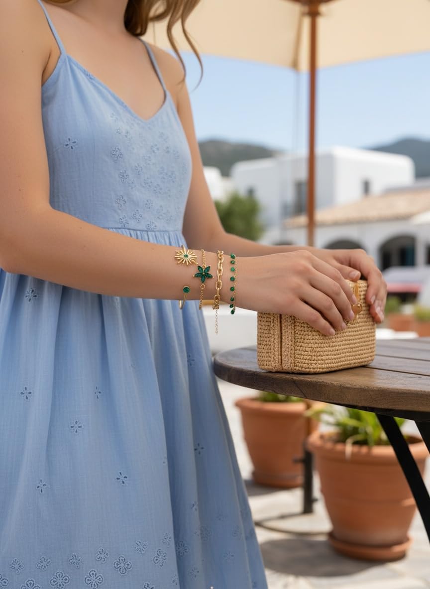 Stackable Gemstone & Rhinestone Bracelets Set with Faux Pearl Decor | 4pcs Dainty Stacking Cuff Bracelets, Flower Design Water Drill Chain Bracelet for Women - Versatile Layered Jewelry Gift Set - Image 8