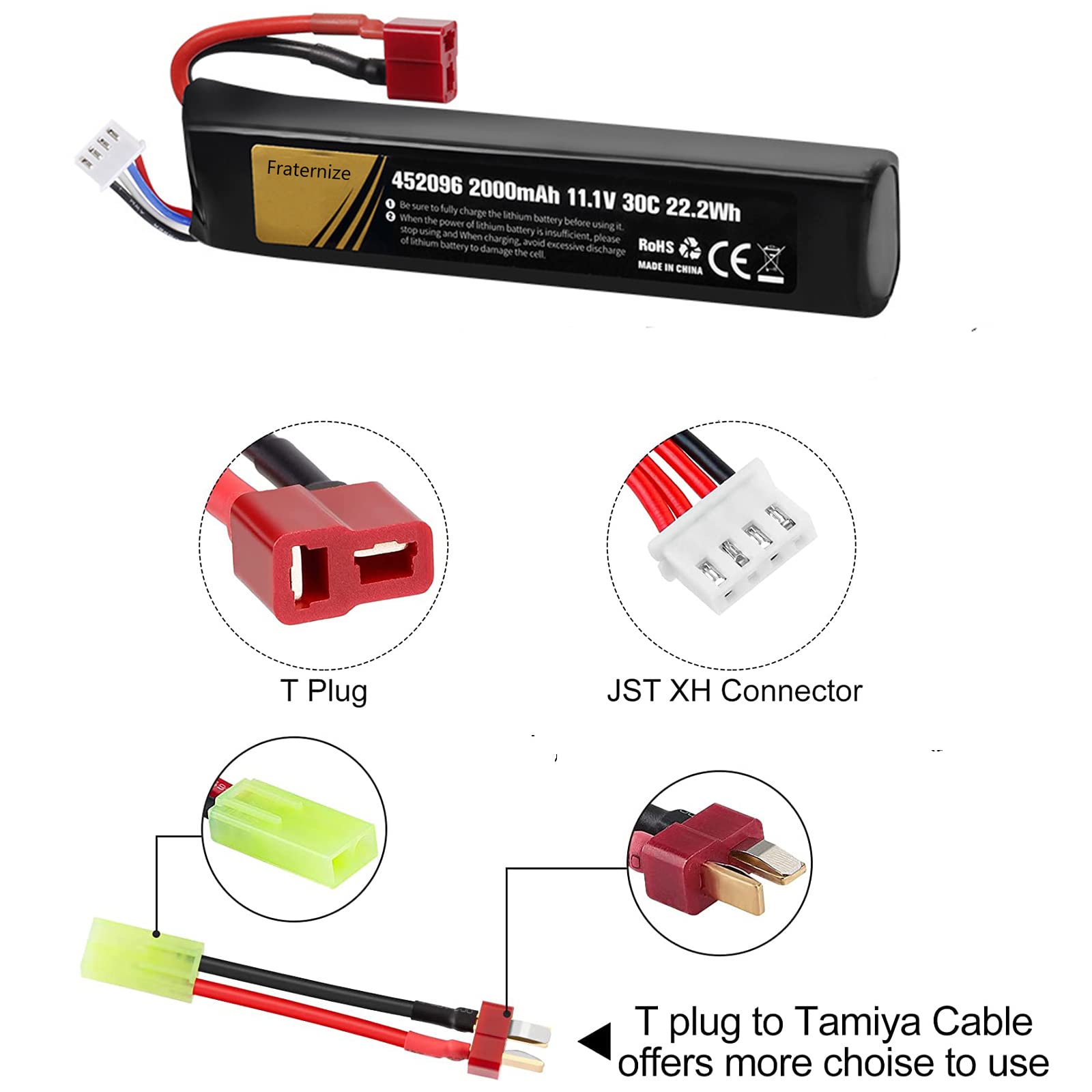 Lot de 2 batteries 11,1V Airsoft 2000mAh 30C rechargeables Stick Pack Batteries rechargeables Chargeur USB avec prise en T vers mini câble Tamiya pour pistolets Airsoft Modèle de fusil Gel Accessoires