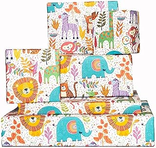 Wrapping Paper for Boys - Dinosaurs and Safari Animals - For Girls - New Baby Birthday Gift Wrap - Kids Wrapping Paper - Green Blue - Matte - Recyclable - By Central 23