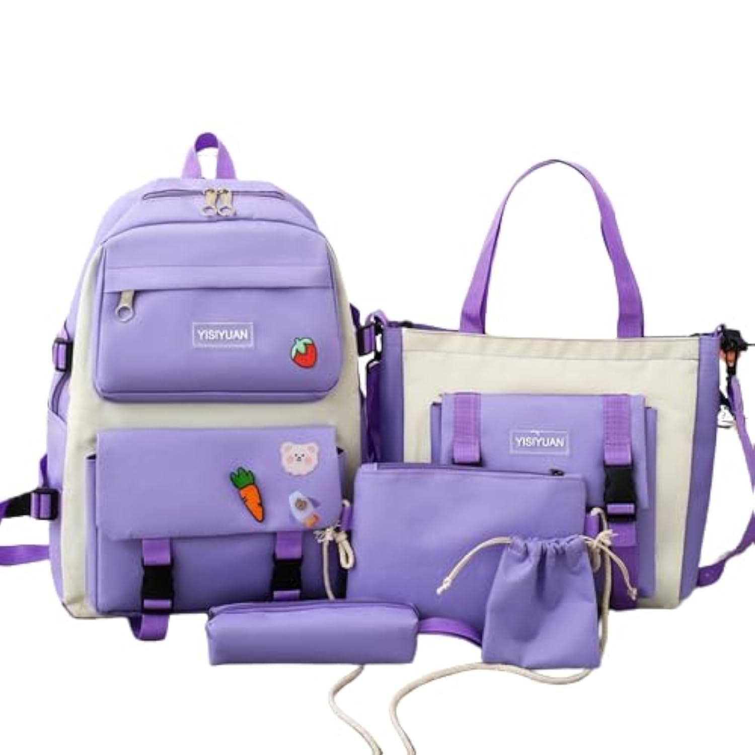 5PCS School Backpacks Combo Set with Bear Pendant Back to School Supplies Cute Schoolbag Lunch Bag Pencil Case Shoulder Bag Travel Bag Gifts for Girls Purple, One Size
