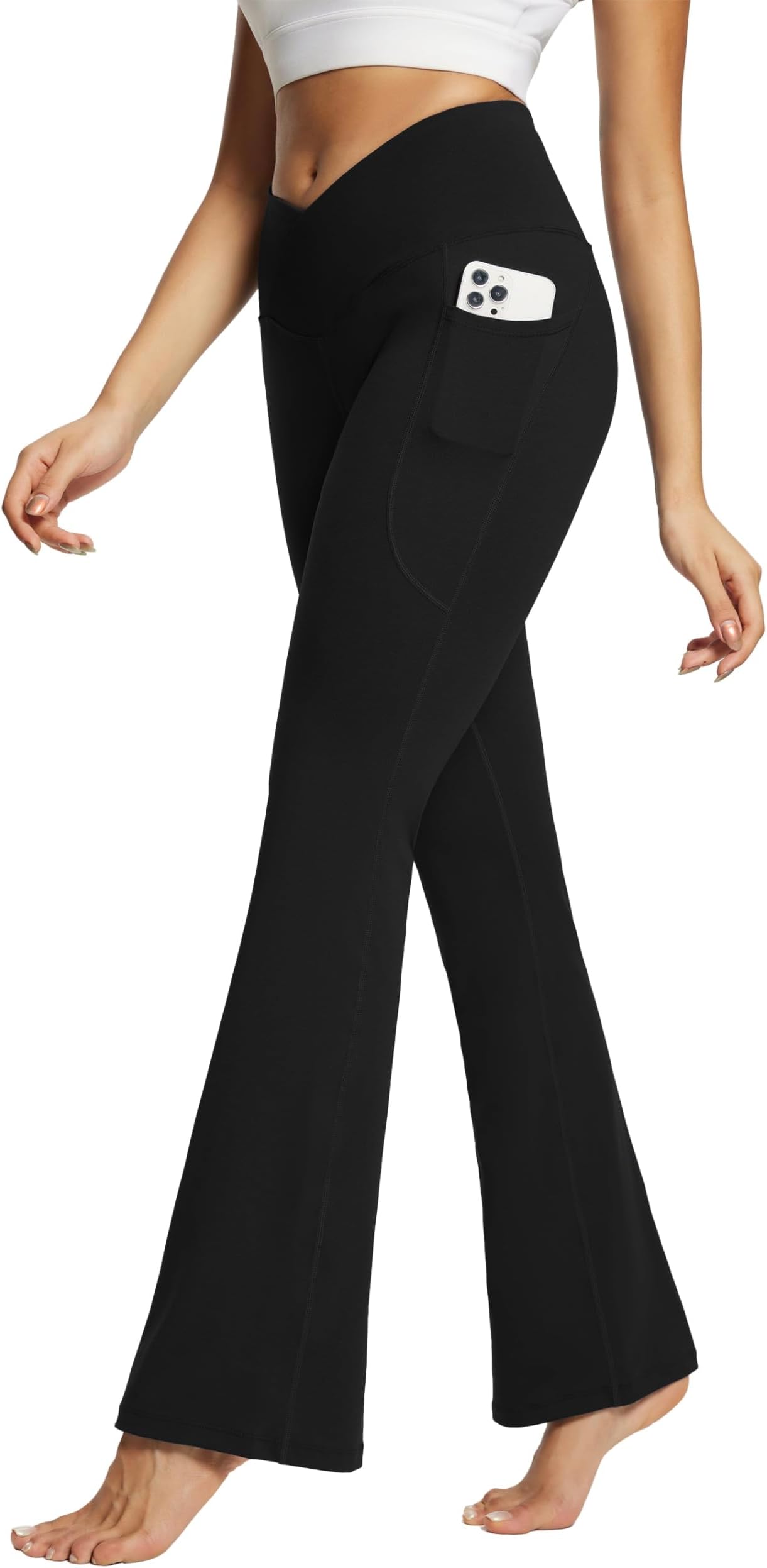 Women's Flared Leggings Yoga Pants with Pockets Bootcut Trousers Crossover High Waisted Workout-27/29/32"/34"