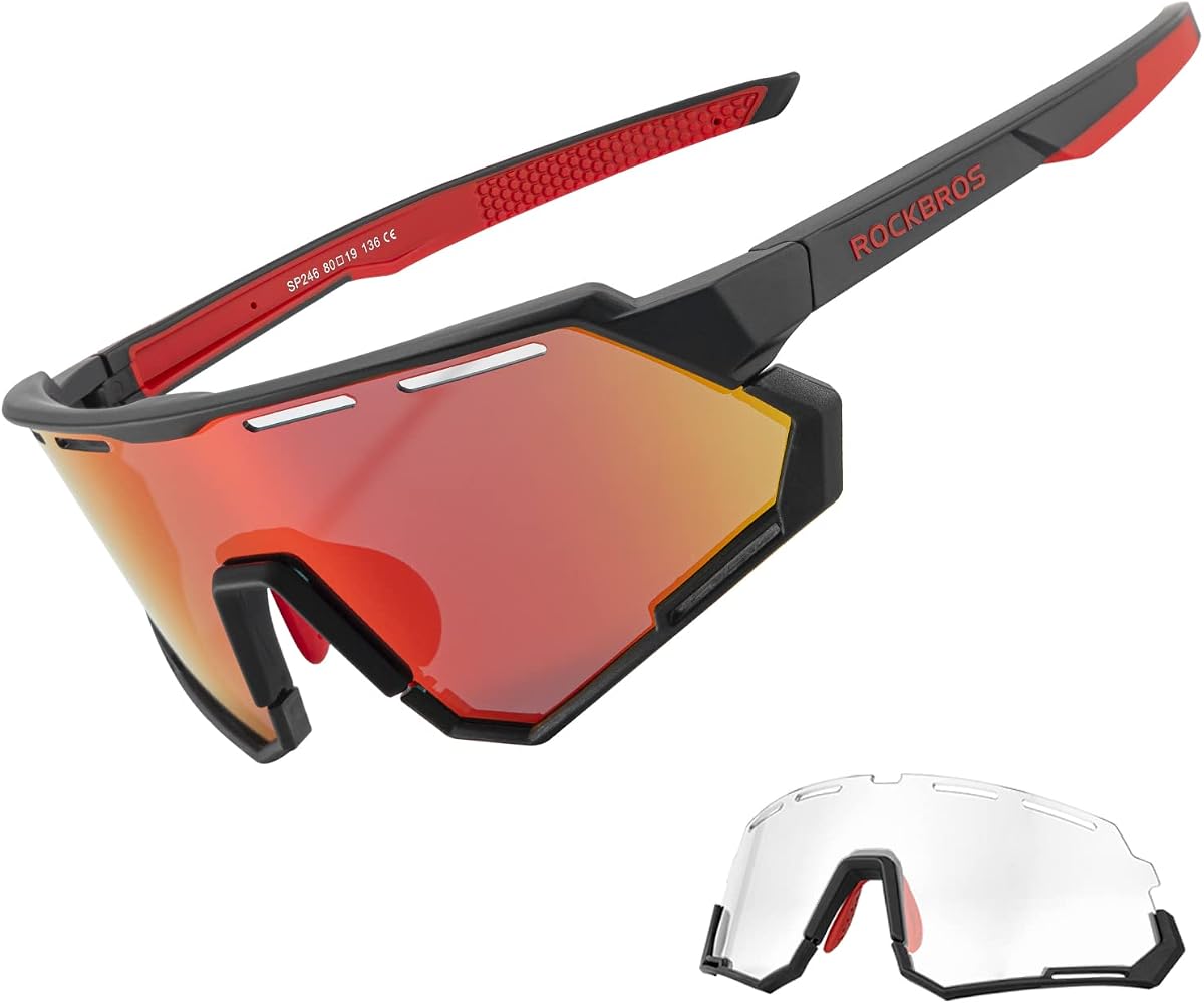 ROCKBROS Gafas de bicicleta de montaña polarizadas fotocromáticas 2 lentes | Gafas de ciclismo, protección UV400, antivaho, almohadilla nasal ajustable, ciclismo/conducción/senderismo