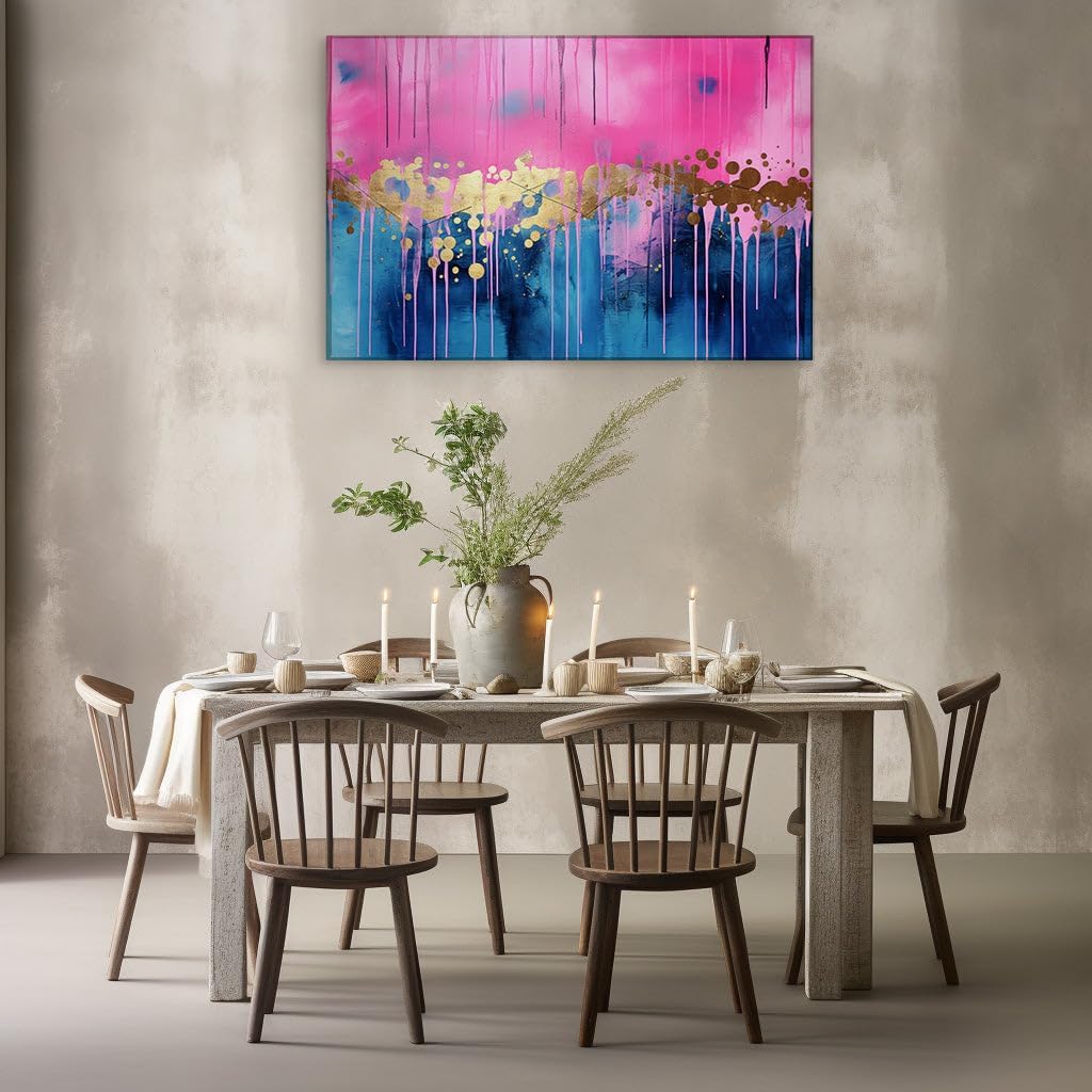 Canvas for Living room. Golden Hues and Dreamy Blues: A Fusion of Color in Abstract Artistry, 27 x 18 inch Canvas Wall Art - Ready to Hang - 69x46 cm (27x18 inch)