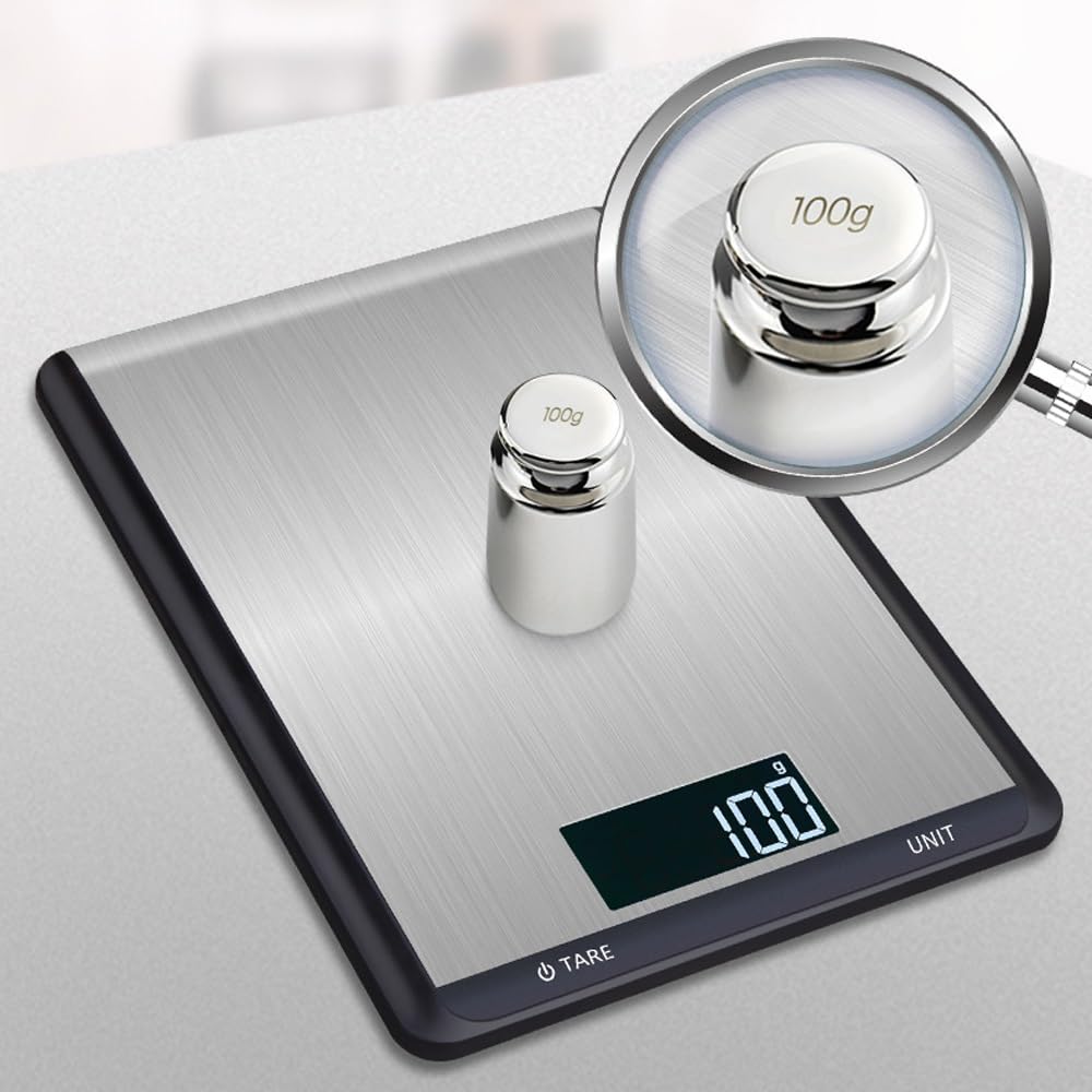 Báscula for Alimentos, Báscula Digital de Cocina, Peso en Onzas y Gramos for Cocinar y Hornear, Acero Inoxidable, 7 Unidades con Función de Tara, Pantalla LCD(5kg/1g)