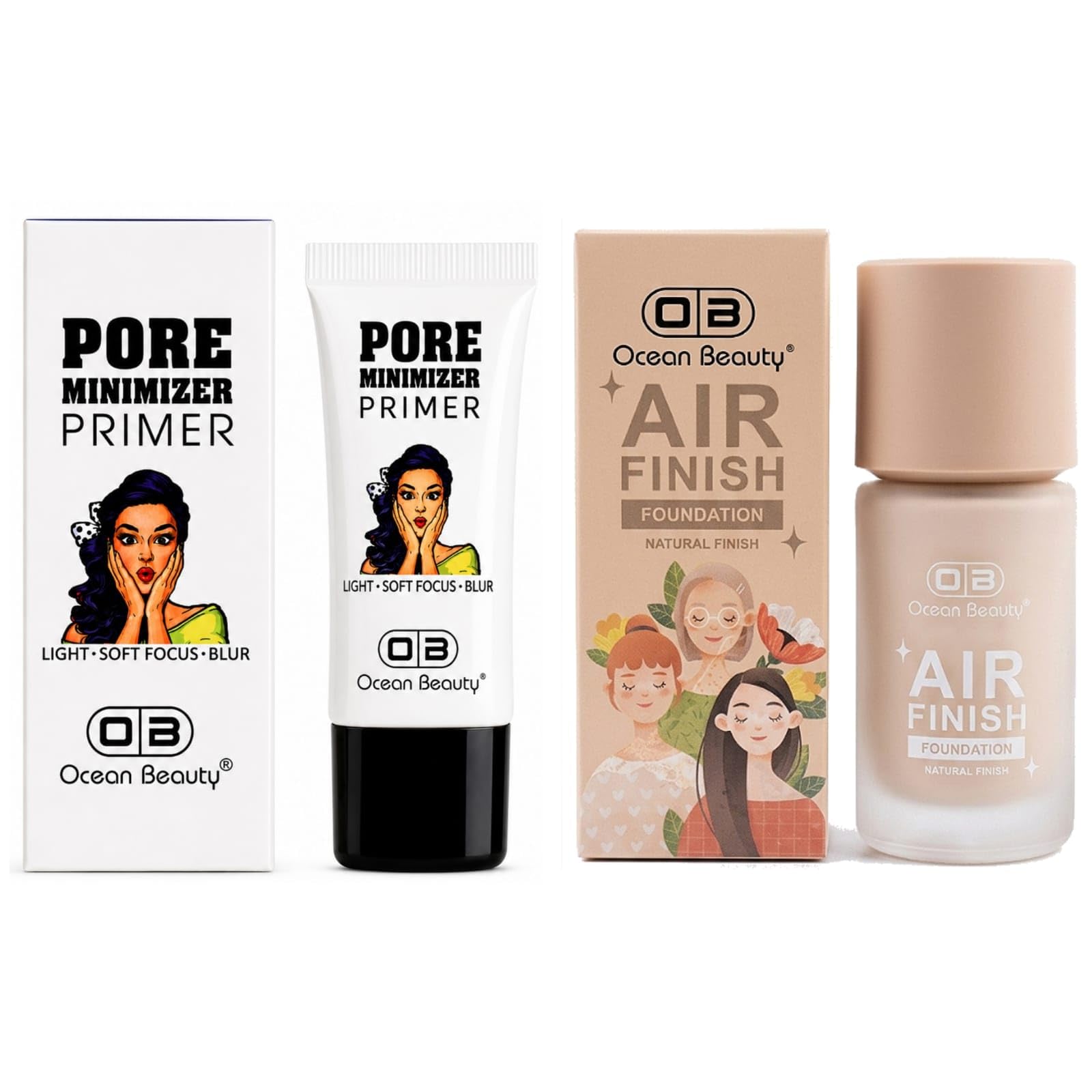 OB Ocean Beauty Professional Waterproof HD Face Makeup Combo Pore Minimizer Primer and Foundation Liquid Long lasting Hydrating Lightweight Buildable BB Full High Coverage Mousse Matte Finish Definition Dewy Cream Base CC All Oily Dark Dry Dusky 24 Hours Skin Type for Women & Girls Pack Set of 2.-image-33