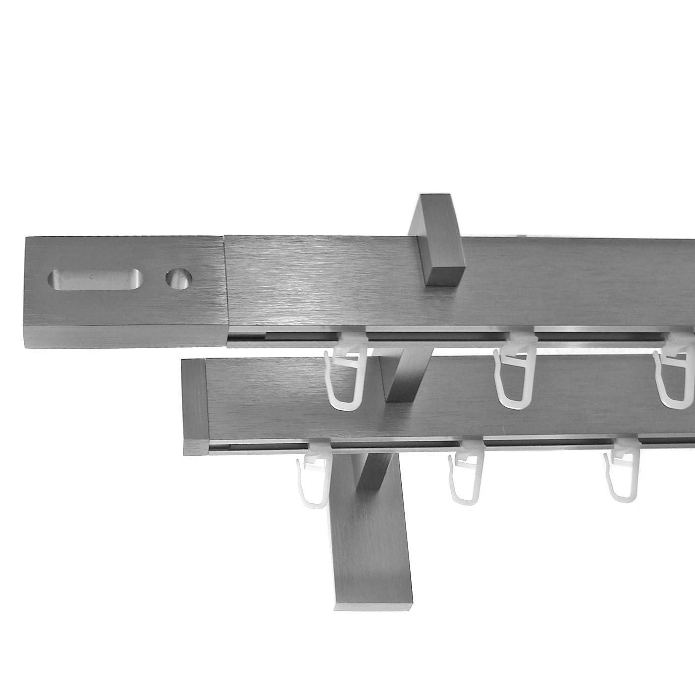BASIT Gardinenstange Innenlauf eckig Edelstahllook 2-läufig Wand 480cm H96 | Gardinenstangenset doppelläufig Wandmontage Metall Wandhalterung kantige Vorhangstange 120-600cm wählbar Kappe E92
