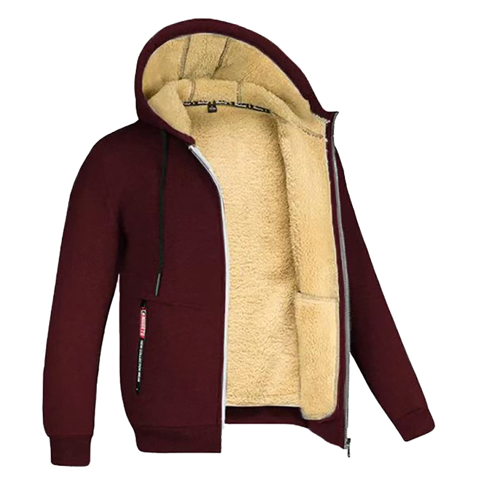 Generisch Giacca invernale da uomo con cappuccio, felpa da uomo, in pile, con zip spessa, tinta unita, per autunno e inverno, con cappuccio