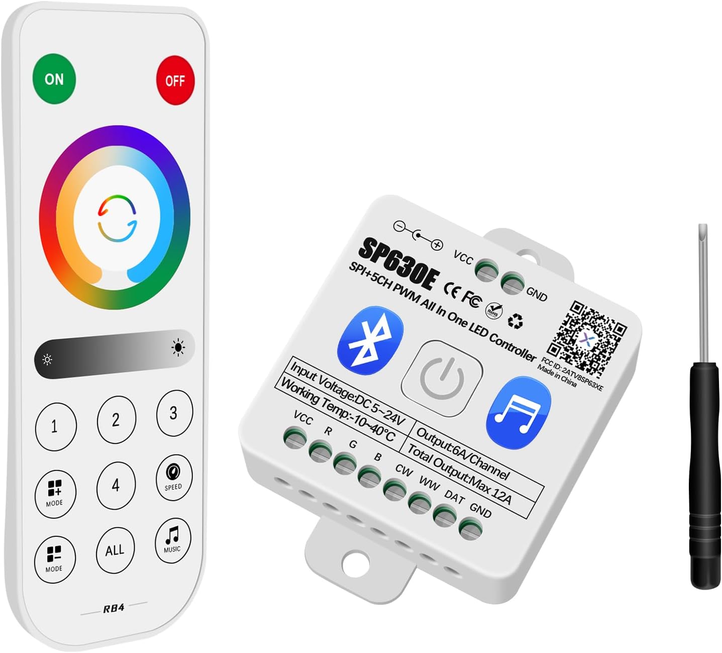 RGBZONE Bluetooth LED Controller, SP630E 4 Zones 2.4GHz RF Remote & APP Control, DC5V-24V LED Controller Support FCOB COB SMD PWM or SPI RGB RGBW WS2811 WS2812B WS2814 SK6812 IC etc Light Strips