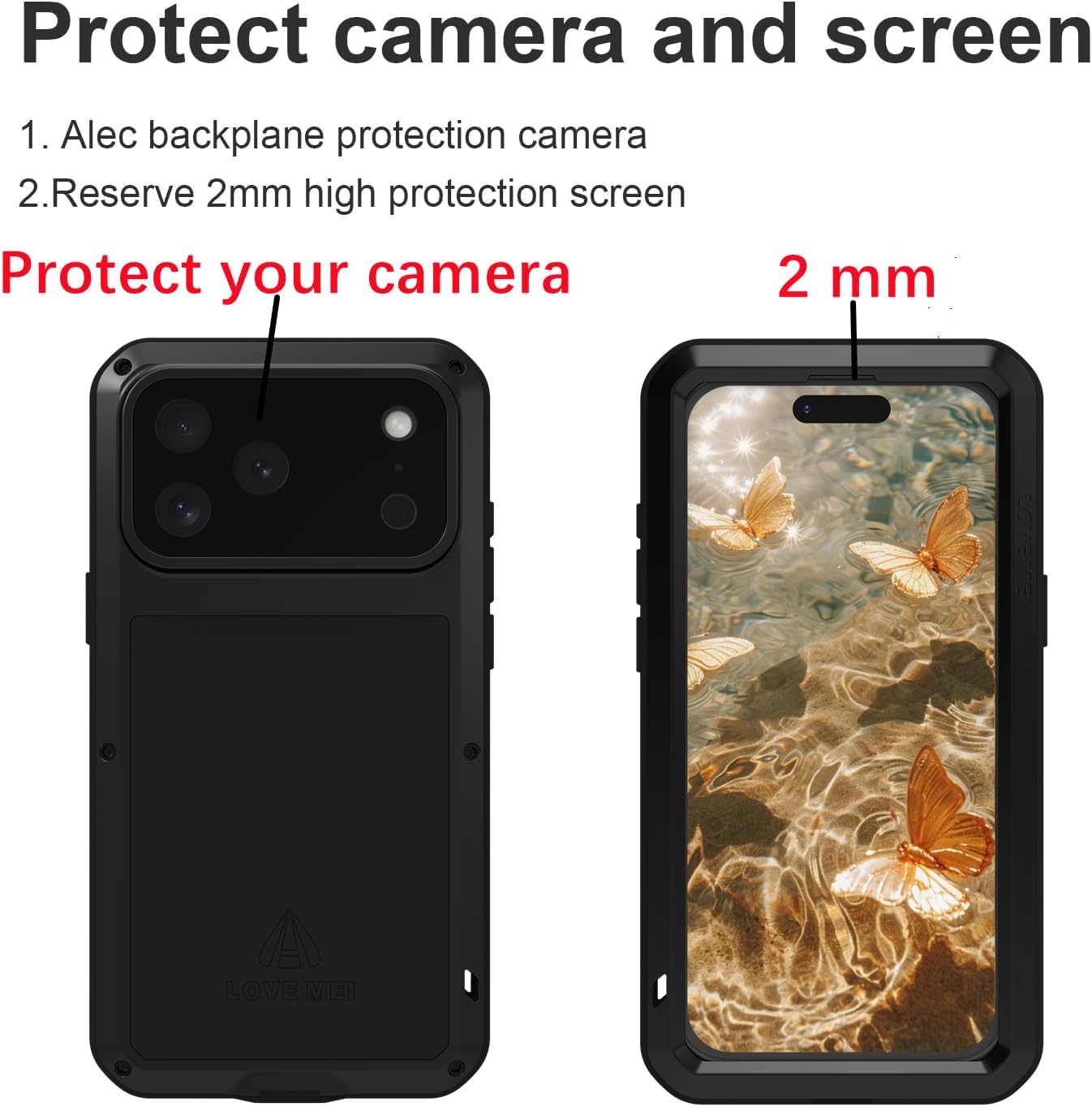 LOVE MEI Compatible with iPhone 17 Pro Max Case, Outdoor Sports Waterproof Military Heavy Duty Shockproof Dust/Dirt Proof Hybrid Aluminum Metal+Silicone+Tempered Glass Full Body Metal Cover (Black)