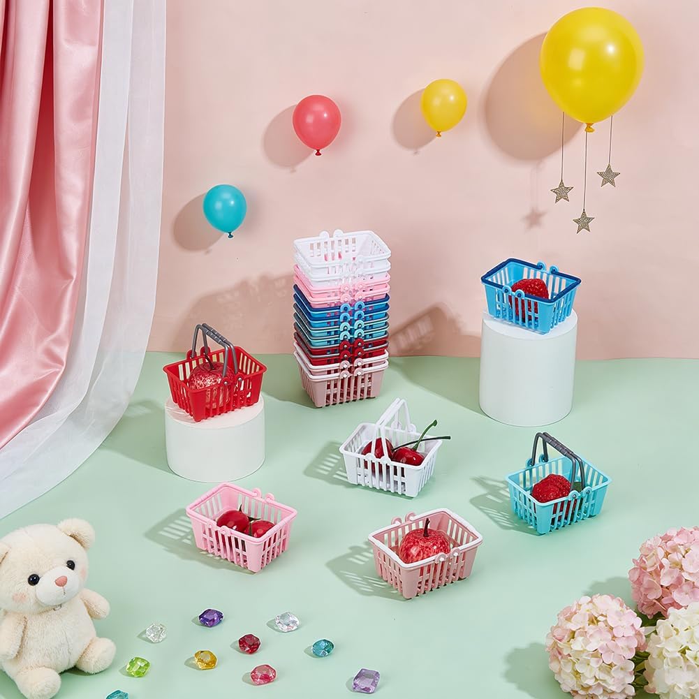 PH PandaHall 6 Colors Mini Shopping Basket 18pcs Tiny Supermarket Cart Miniature Storage Basket Plastic Grocery Containers with Handles for Party Favors Mini Kitchen Pretend Play‌, 2.6x1.9 Inch image 4