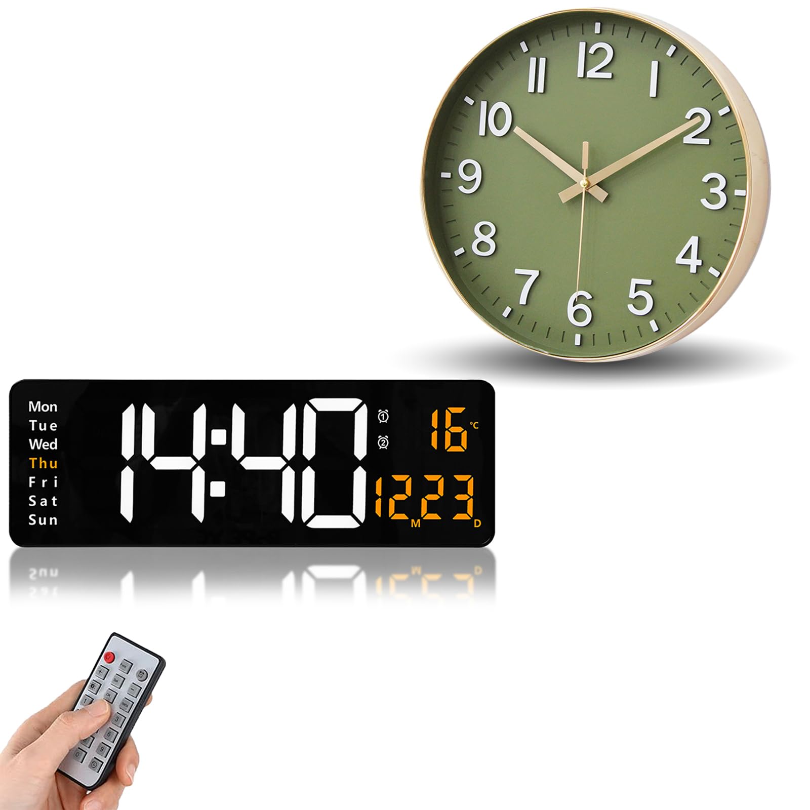 HZDHCLHDigital Desk Clock + Green Wall Clock, Silent No Ticking Clock for Living Room Bedroom Office Decor