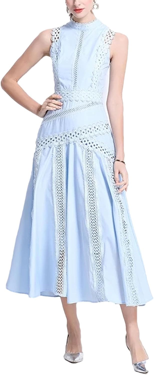 Women's Classic Elegant Lace Spliced Hollow Out Dress - Stand Collar Sleeveless High Waist A-Line