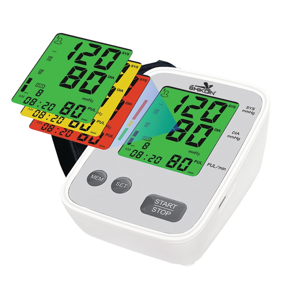 SHIKON SK-015TC 3 Color LCD Display Automatic Digital Blood Pressure Monitor with Irregular Heart Beat Detection 2x99 Memory Large Arm Cuff 4xAA Alkaline Battery 2 Years Warranty Made in India