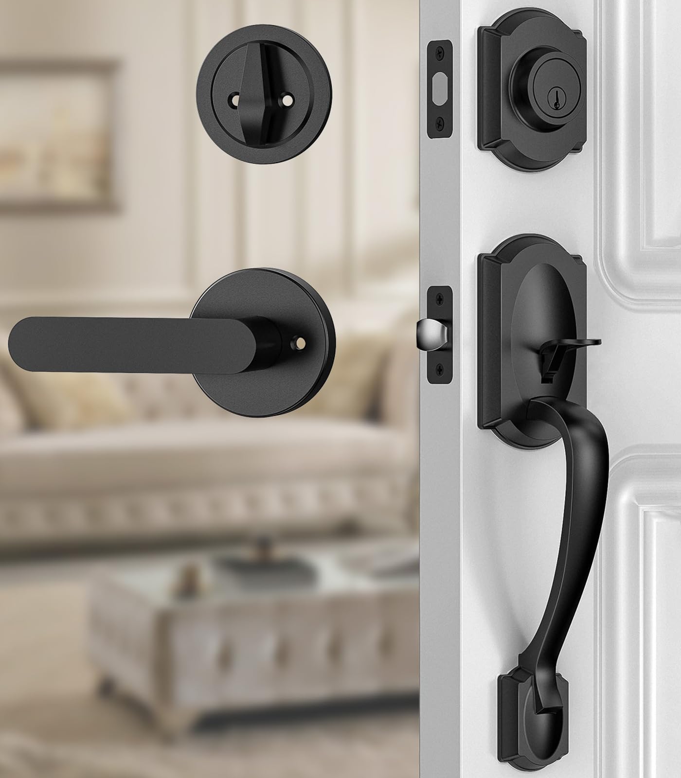 Front Door Lock Set, Black Front Door Handle and Deadbolt Set, Vintage Exterior Door Lock Set, Front Door Handle with Single Cylinder, Reversible for Right &amp; Left, Matte Black