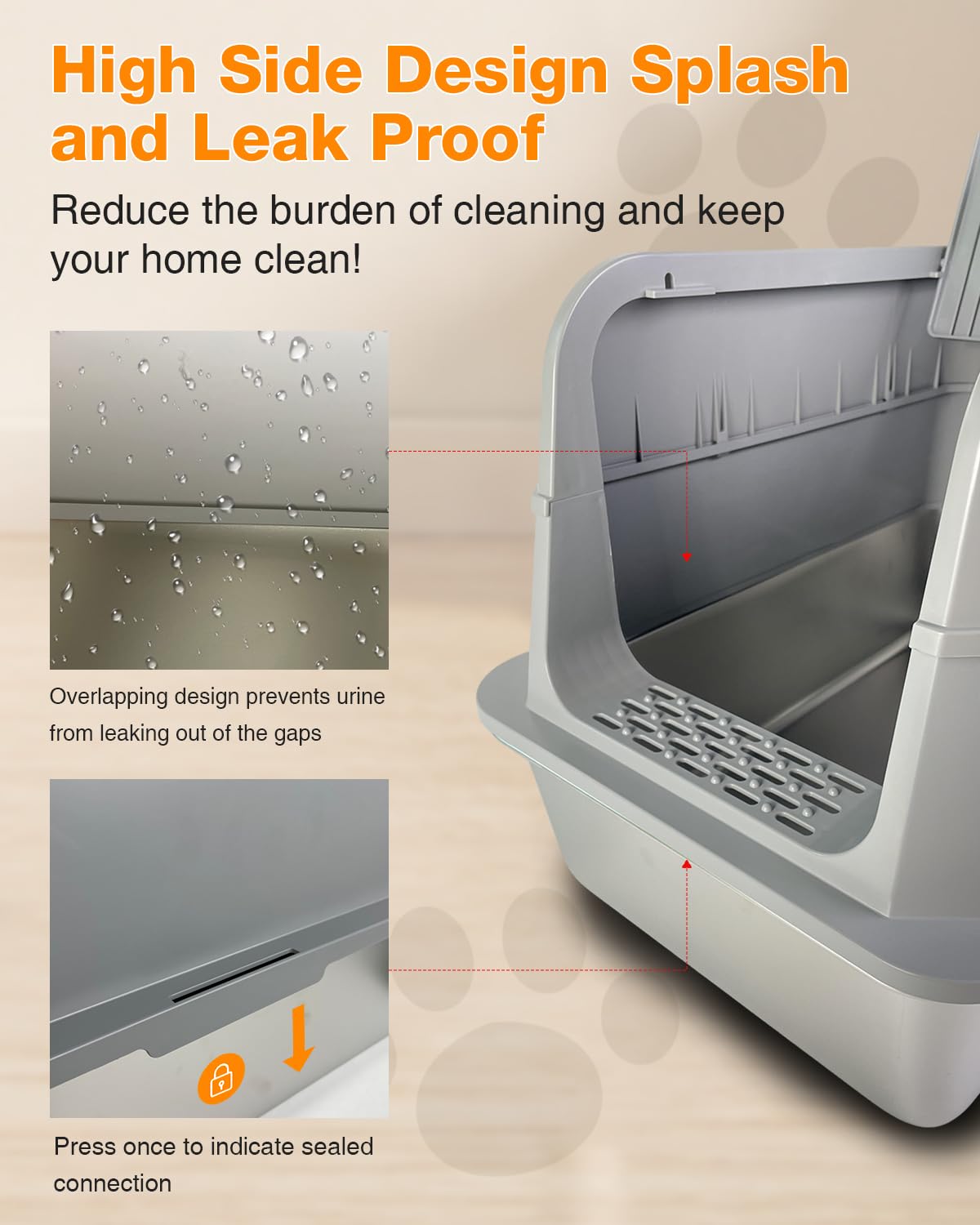 PETUX 2-Pack Stainless Steel Litter Box with Lid - High Sided, Odor-Proof, Anti-Leakage, Non-Stick, Easy to Clean and Extra Large Enclosed Litter Box with Scoop and Non-Slip Mat for Multi-Cats - Grey - image 3