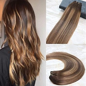 Real Hair Double Weft Hair Extensions Balayage Ombre Remy Hair Color 4 Castano Scuro Fading To 27 Biondo Miele Ombre Color Extensions Amazon It Bellezza