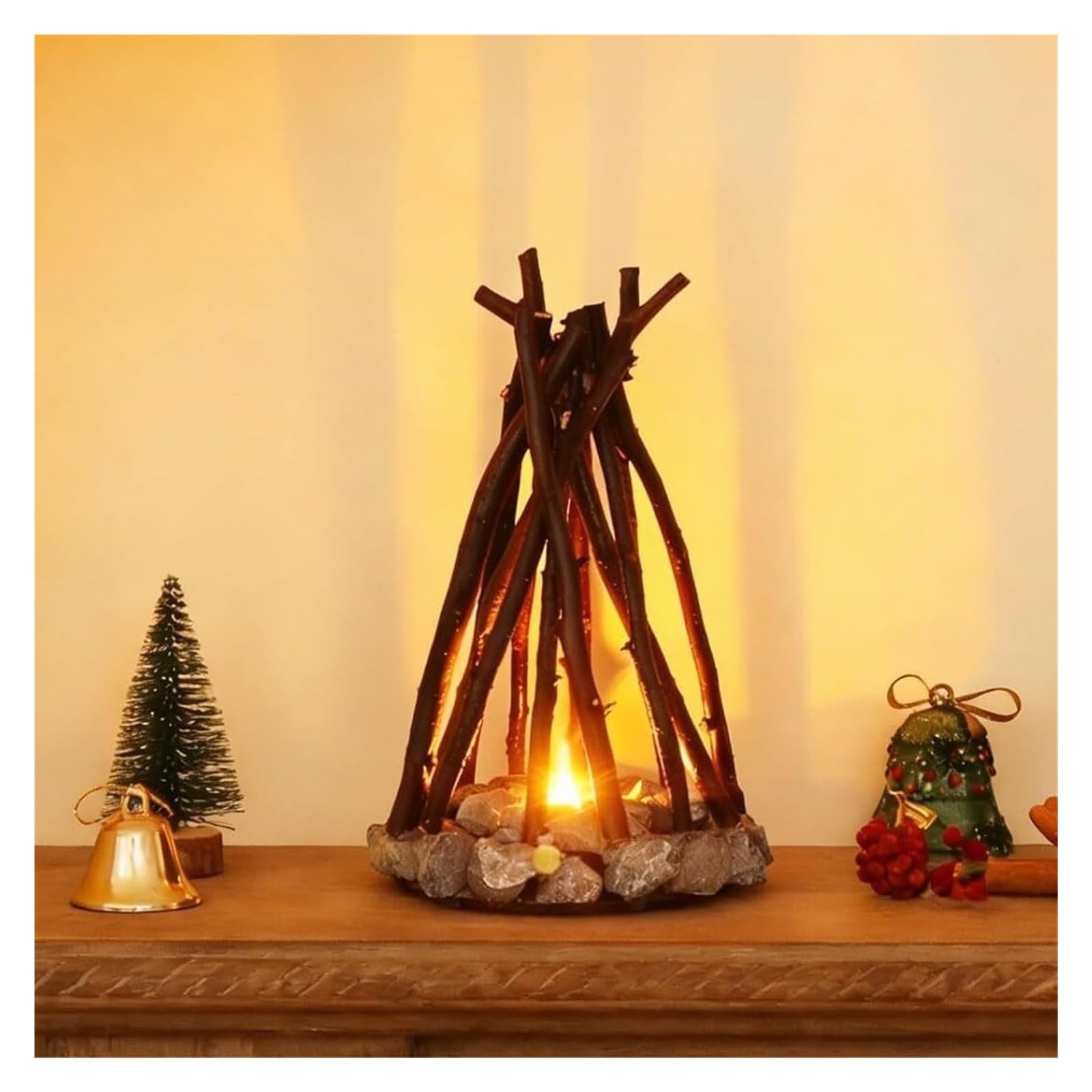 HELCEKOU Wooden Campfire LED Night Light – 3 Modes & Flame Sound, Dimmable USB Powered Simulated Bonfire Lamp for Kids Bedroom Office(30cm)