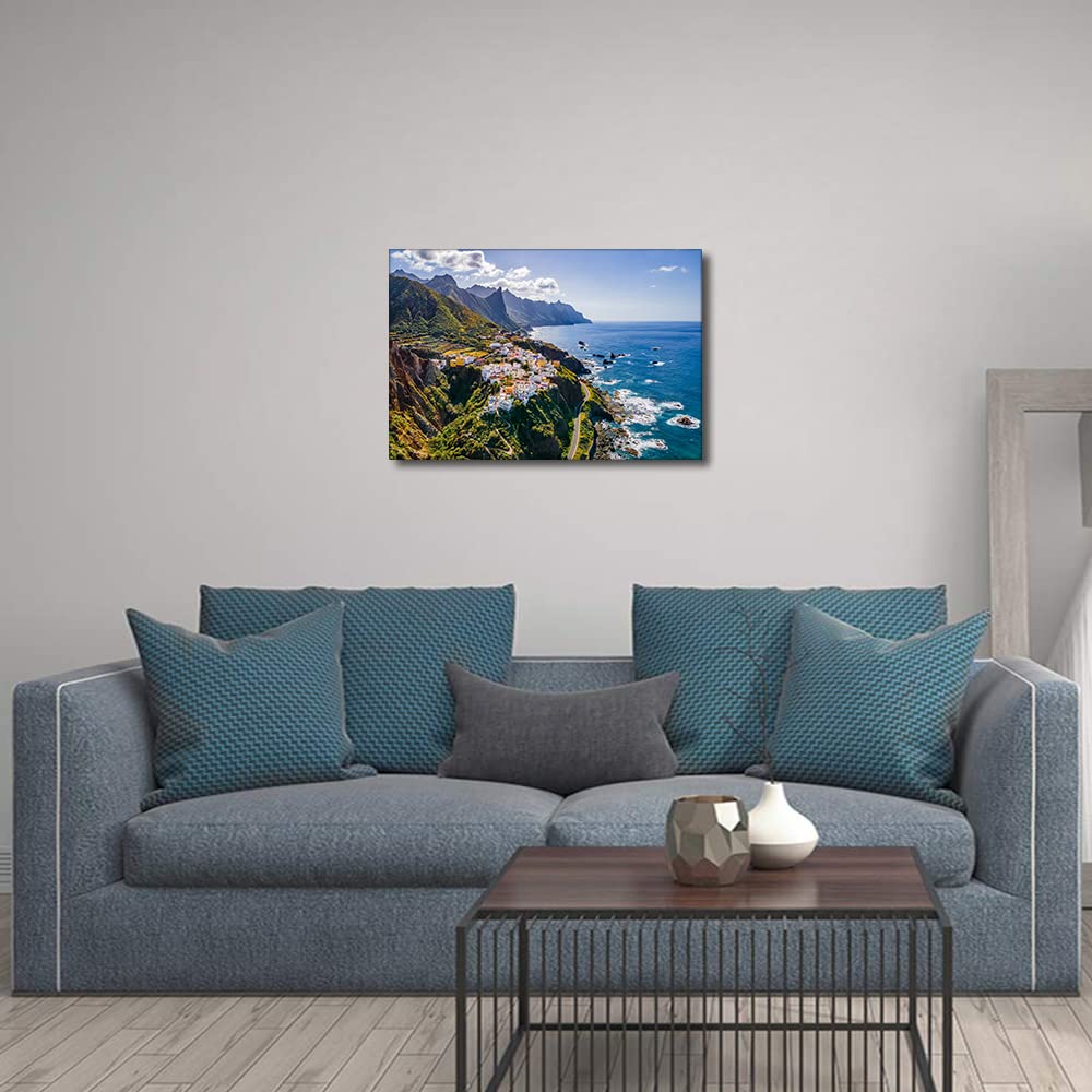Canvas Wall Art Coastal Village at Tenerife Canary Islands Spain Landscape for Living Room Bedroom Home Decor Beach Artwork for Home Walls Framed Ready to Hang 12x18inch - Image 3