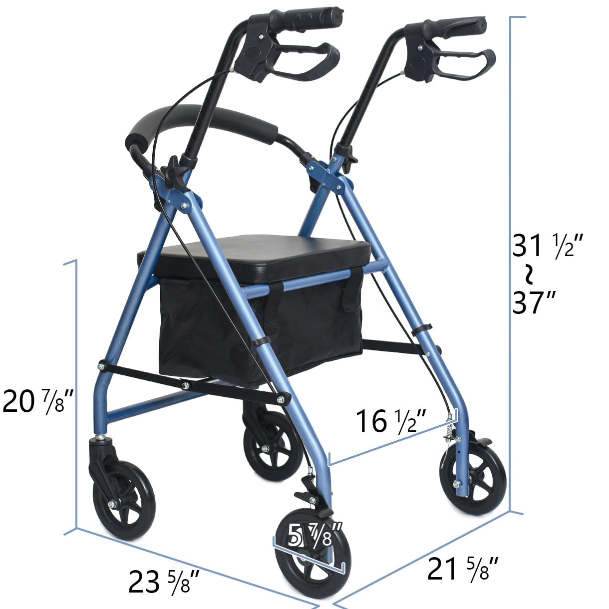 Andador plegable con asiento acolchado, frenos bloqueables, mango regulable en altura, 4 ruedas