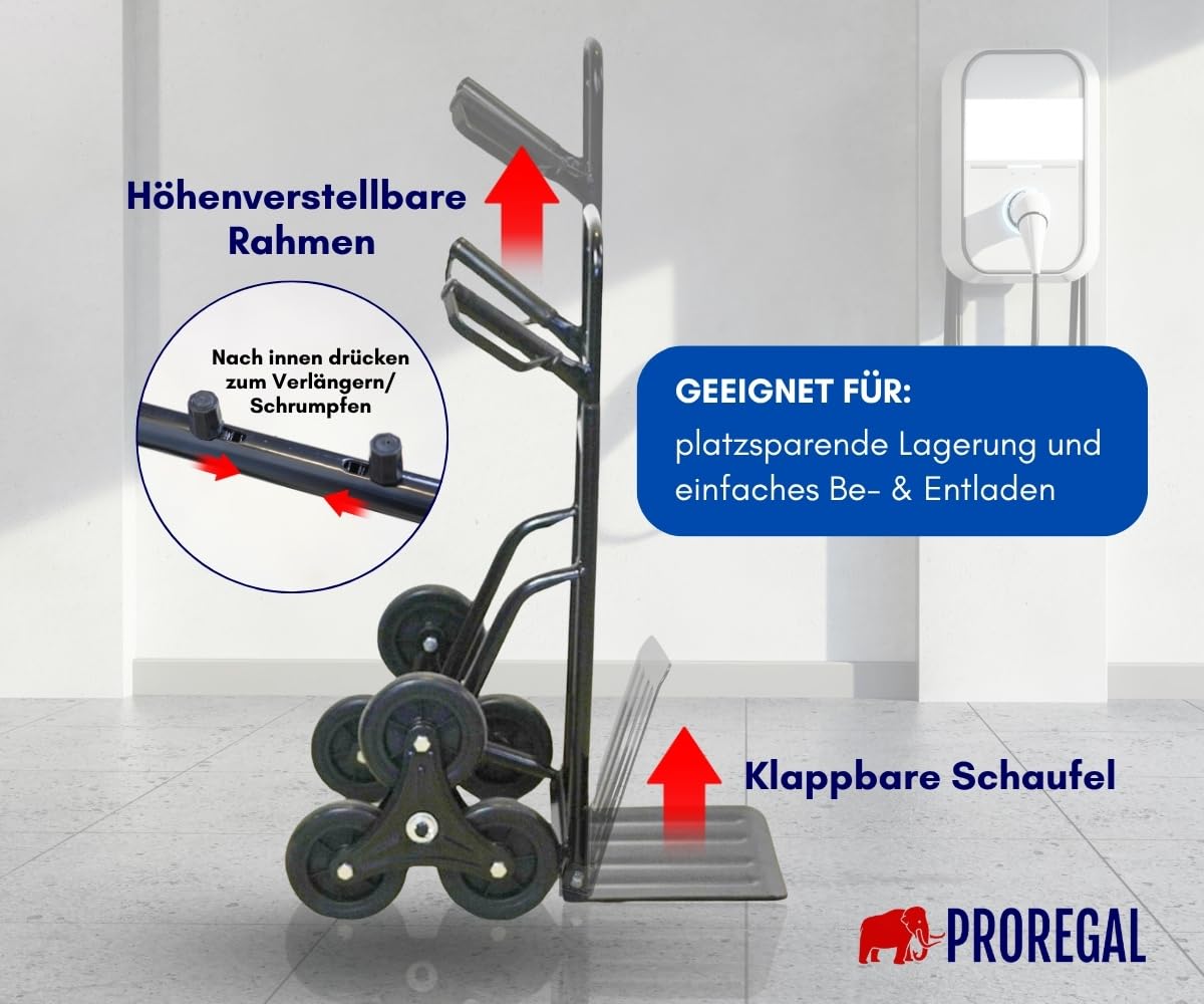 PROREGAL Treppensackkarre Odin | HxBxT 111x60x43cm | Tragkraft 200kg | Hartgummi-Bereifung | Stahlrahmen | Schwarz | Transportkarre Staplerkarre klappbar
