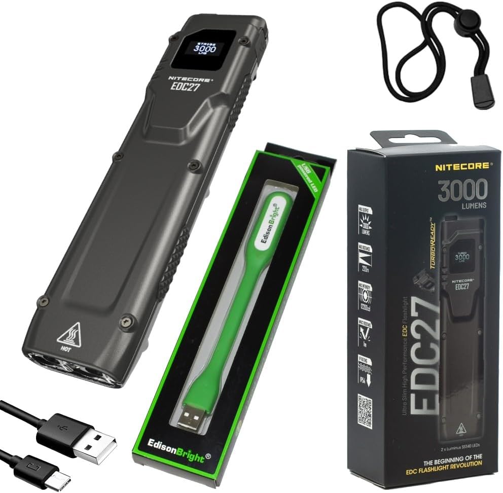 EdisonBright Nitecore EDC27 3000 Lumen Flat EDC Flashlight, USB-C Rechargeable Dual Beam Slim Compact Powerful Duty Light USB Powered LED Reading Light Bundle