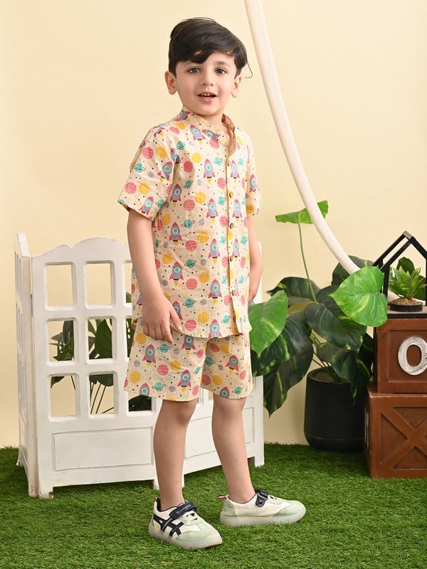 Image of superminis Baby Boys Cotton Printed Shirt and Nikkar /Shorts Coordinated Set