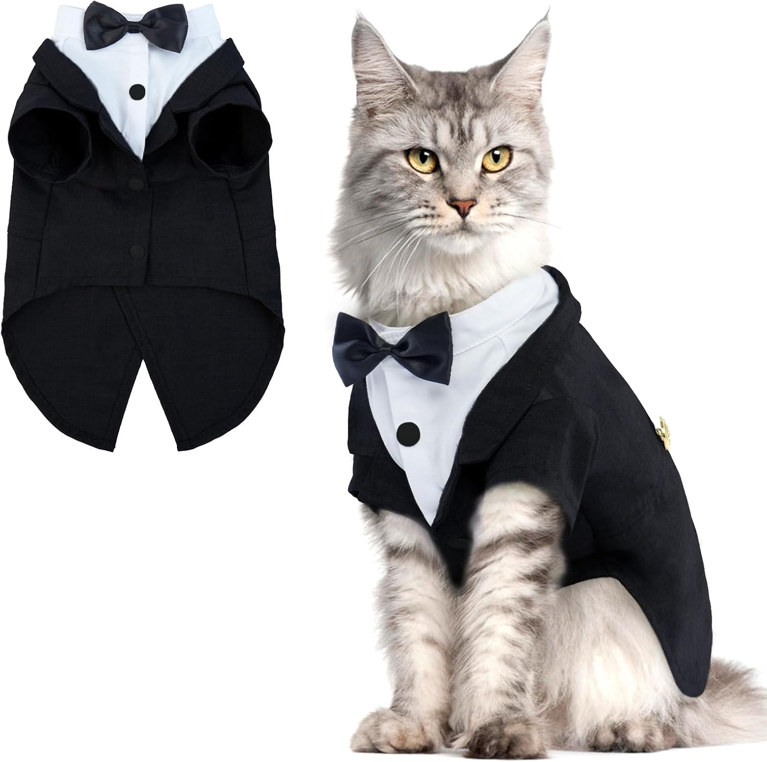 QBLEEV Cat Tuxedo Outfit, Formal Cat Suit Costume with Bow Tie, Sphynx Hairless Clothes for Cats Only, Kitten Wedding Birthday Party Attire Apparel for Male Boy, Cute Small Pet Gentleman Formal Wear